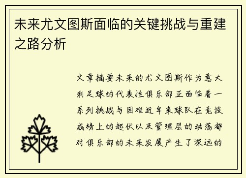 未来尤文图斯面临的关键挑战与重建之路分析